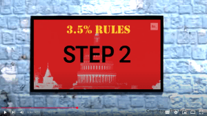 A screen displays 3.5% RULES STEP 2 in bold text over a red background with an illustration of the US Capitol building, set against a light blue brick wall.