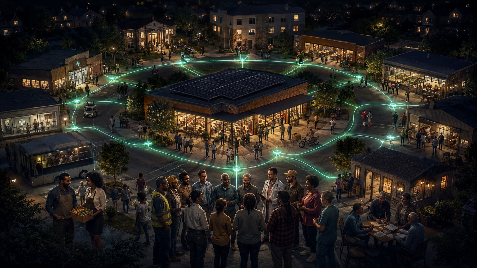 Concept illustration of the proposed People’s Marketplace, showing community spaces connected around a shared center.
