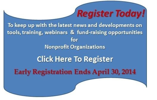 Blue banner with red and white text promoting webinar registration for nonprofit organizations. It mentions news, tools, training, webinars, and fundraising. Register Today and Early Registration Ends April 30, 2014 are highlighted.